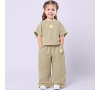 Set coordinato da ragazza con pantaloni a gamba ampia e top a maniche arrotolate, stampa "Happy Days", outfit estivo casual 6Y,7Y,4Y,5YGraficoTessuto