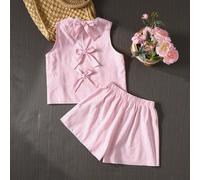 Set coordinato di top a canotta con farfalla sul retro e pantaloncini a righe per ragazze pre-adolescenti, casual per le vacanze. Top a canotta casual con collo rotondo, tessuto strutturato e farfalla