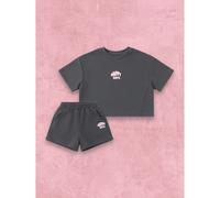 Set coordinato morbido per ragazze con stampa del testo "Happy Days" su una crop top oversize e pantaloncini abbinati, outfit casual per l'estate e la primavera 6Y,7Y,4Y,5YGraficoPoliestere