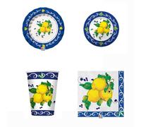 Set Coordinato Tavola Limoni di Sorrento, Piatti 20/25 cm, Bicchieri 200 cc, Tovaglioli 33x33 cm, Coordinato per 8/16 Persone