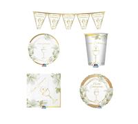 Set Coordinato Tavola Prima Comunione, Piatti 24cm e 18cm, Bicchieri 250cc, Tovaglioli 33x33cm e 25x25cm, Festone 2m, Palloncino 45cm, Bianco e Oro, per 6 o 12 Persone