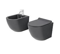 Set Coppia Sanitari Sospesi Senza Brida grigio Opaco Forma Arrotondata Coprivaso Soft-Close incluso