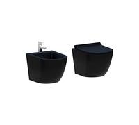 Set Coppia Sanitari Sospesi Senza Brida Nero Opaco Forma Arrotondata Coprivaso Soft-Close incluso