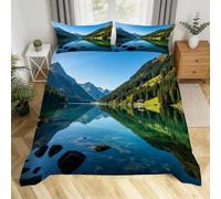 Set Copri Piumino una piazza e mezza Colline Verdi e Acque Limpide Stampato 3D Bed Sheets Paesaggi Naturali Morbido Microfibra Comodo Copripiumino in Piuma 200x200 + 2 Federe 50x80 I.834