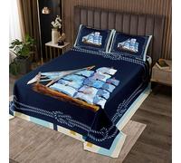 Set copriletto Nautico con Motivo a Barca a Vela ad Acquerello Stampato copriletto Trapuntato per Bambini Ragazzi Ragazze Decorazione Camera Oceano Tema Coperta Avventura Mare 3 Pezzi Matrimoniale