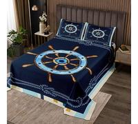 Set copriletto Nautico con Motivo a timone ad Acquerello Trapuntato copriletto per Bambini Ragazzi Ragazze Decorazione Camera Coperta a Tema Oceano Marino Avventura Mare 3 Pezzi Matrimoniale