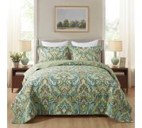 Set copriletto trapuntato in cotone NEWLAKE - Copriletto patchwork reversibile con motivo floreale verde europeo, misura matrimoniale