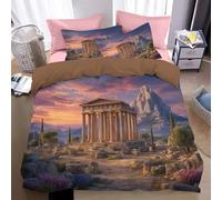 Set Copripiumino 1 piazza e mezza 160*210cm,Copripiumino Matrimoniale 3 Pezzi in Microfibra Con tramonto,Comprendente 1 Copripiumino 160*210cm +2 Federe,Architettura della città Grecia, marrone