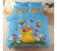 Set Copripiumino 135 x 200 cm e 2 Federe, Copripiumino Reversibile ultra morbido facile da pulire, Cartone Animato Fiori Anatra Nel Prato tema Copripiumini Adatto ai bambini, Blu