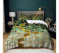 Set Copripiumino 135X200 con Stampa in Marmo Verde 2/3 Pezzi Lussuoso Set di Biancheria da Letto con Stampa a Righe Geometriche Dorate,Morbido e Confortevole,Copripiumino 135X200 Moderno Ed Estetico