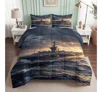 Set copripiumino 180 x 200 cm, 4 stagioni, con nave da guerra e aereo | Piumino per tutte le stagioni, senza rivestimento, motivo oceano, caldo, per tutto l'anno, lavabile