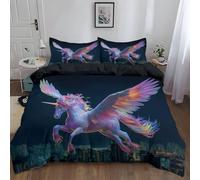 Set copripiumino 180 x 220 cm, 4 pezzi, Set copripiumino e federe per cuscino double face in microfibra premium 50 x 80 cm, Con comoda cernieraNeroFantasia Scena Notturna Unicorno