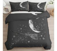 Set Copripiumino 2 Pezzi 135 x 200 cm Arte Lineare Di Halloween Scopa Luna Copripiumone in Microfibra Morbida con Chiusura Lampo, Grigio Scuro Traspirante Biancheria da Letto per Adulti e Bambini