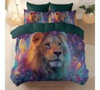 Set Copripiumino 2 Pezzi in Microfibra Stampa Grigio-Verde - Fantasia Animale Magia Leone Fantasia Morbido e Traspirante Chiusura a Cerniera per Bambini e Ragazzi Parure Letto, 135 x 200 cm