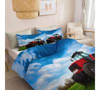 Set Copripiumino 200 x 200 cm Biancheria da Letto - Copripiumino Reversibile Stile Rustico, Pastorale Trattore Rosso Erba E Cielo Blu Morbido e Accogliente per Adulti Bambini e Adolescenti