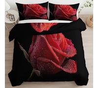 Set Copripiumino 200 x 200 cm Piante Fiori Rose Rosse Rugiada, Parure da Letto Resistente Morbida al Tatto Stile Fotografico - Copripiumino Reversibile Traspirante Confortevole con Cerniera