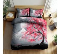 Set Copripiumino 3 Pezzi 220 x 240 cm Arte Fantasy Luna Piena Monte Fuji Ciliegi Fiore Set di Biancheria da Letto, Bianco Microfibra Stampa Copripiumino con Chiusura a Cerniera