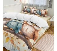 Set copripiumino 3 pezzi con 2 federe con gufo carino su ramo, acquerello caldo, chiusura con cerniera, morbido set di biancheria da letto per tutte le stagioni, 201 x 229 cm