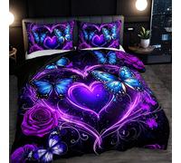 Set copripiumino 3 pezzi con farfalle viola e cuori, set biancheria da letto con stampa piatta 2D di farfalle blu e rose, set copripiumino, il motivo del cuscino è casuale, set copripiumino (1 copripi