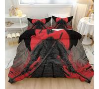 Set copripiumino 3 pezzi Gaming Anime nero | Armour, copripiumino Samurai Mountains Moon, resistente allo sbiadimento, traspirante, lavabile, per tutte le stagioni