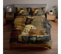 Set copripiumino 3D - Simpatico fantasma che legge il giornale nella vasca da bagno con stampa a cartoni animati, set letto matrimoniale per biancheria da letto per la casa, morbida microfibra trasp