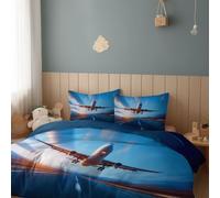 Set copripiumino azzurro 3 pezzi matrimoniale 200 x 200 cm Airplane Highway SkyMicrofibra biancheria da letto con cerniere e 2 federe, biancheria da letto no stiro, qualità alberghiera