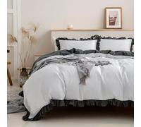 Set copripiumino bianco con volant lavata, set di biancheria da letto in stile shabby chic, copripiumino e federe per cuscini, chiusura a cerniera e cravatte ad angolo, per letto king