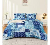 Set copripiumino blu French Country, per letto singolo 135 x 200 cm, patchwork a blocchi di colore a pois floreali, in morbida microfibra traspirante, con 2 federe