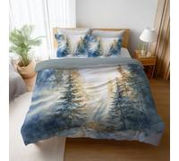 Set Copripiumino Blu ghiaccio Pittura a olio Foresta di pini Alba Etereo, 3 Pezzi, 240 x 260 cm - Parure Letto in Microfibra Morbida, con Chiusura Lampo e Federe, Lavabile in Lavatrice Copripiumino