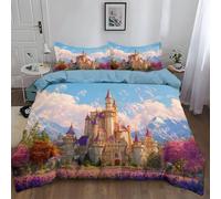 Set Copripiumino Castello Delle Fiabe In Stile Cartone AnimatoAzzurro CieloLenzuola Letto Reversibile Per Ragazzi e Ragazee - Set di biancheria da letto per bambini - 135 x 200 cm e Federe