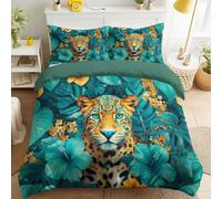 Set copripiumino ciano con design botanico tropicale, set copripiumino matrimoniale con federe abbinate, per regalo festivo, ritratto di animali, Jaguar, Monstera, foglia di palma, giungla, set di