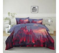 Set Copripiumino Città Fantasy Gotica 3 pezzi Stampa Copripiumone, 1 x Copripiumino 180 x 220 cm e 2 x Federe 50 x 80 cm Rosso Biancheria da Letto in Morbida Microfibra