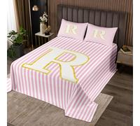 Set copripiumino con lettera R con iniziale R, per letto king size, a righe bianche e rosa, leggero, moderno ed estetico a righe, 3 pezzi (1 trapunta, 2 federe)