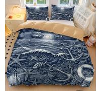 Set copripiumino con motivo acquerello con storia nautica, faro e barche a vela, stile vintage, 3 pezzi, decorazione per camera da letto (02, matrimoniale: 200 x 200 cm, 65 x 65 cm x 2)
