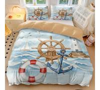 Set copripiumino con motivo acquerello con storia nautica, faro e barche a vela, stile vintage, 3 pezzi, decorazione per camera da letto (04, singolo, 135 x 200 cm + 50 x 75 cm x 2)