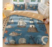Set copripiumino con motivo acquerello con storia nautica, faro e barche a vela, stile vintage, 3 pezzi, decorazione per camera da letto (01, matrimoniale: 200 x 200 cm, 65 x 65 cm x 2)