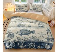 Set copripiumino con motivo acquerello con storia nautica, faro e barche a vela, stile vintage, 3 pezzi, decorazione per camera da letto (03, matrimoniale: 200 x 200 cm, 50 x 75 cm x 2)