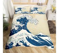 Set copripiumino con motivo nautico disegnato a mano con motivi giapponesi illustrazione ondulata Ukiyoe a tema ukiyoe, copripiumino decorativo con chiusura a cerniera, per letto junior/culla, blu
