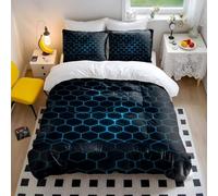 Set copripiumino con stampa a nido d'ape dorato, ispirato alla tecnologia, blu scuro, ultra morbido, 3 pezzi, per decorazione moderna della camera da letto (01, singolo, 135 x 200 cm + 50 x 75 cm x 2)