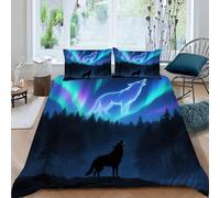 Set copripiumino con stampa Ululato del lupo nel cielo stellato, matrimoniale size 200x200 cm, Aurora boreale 3D copripiumino decorativo in microfibra di poliestere con 2 federe 50x75 cm, (Dx10001)