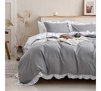 Set copripiumino con volant, morbido e traspirante in microfibra lavata, set di biancheria da letto 2 pezzi, chiusura con cerniera e cravatte ad angolo, grigio singolo