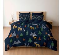 Set copripiumino design Minimal Renna Montagne Alberi, set di biancheria da letto Doppia 180 x 220 cm reversibile, ultra morbido, ipoallergenico, di lusso, con chiusura a cerniera, Blu Mezzanotte