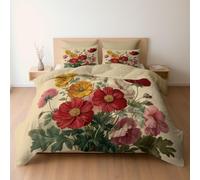 Set copripiumino design Vintage Floreale Calendula Papavero, set di biancheria da letto Doppia 150 x 220 cm reversibile, ultra morbido, ipoallergenico, di lusso, con chiusura a cerniera, Beige