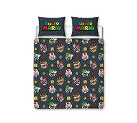 Nintendo Super Mario - Set copripiumino matrimoniale ufficiale Mario, Luigi e Bowser, double-face, colore nero, prodotto ufficiale, con federe coordinate