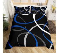 Set copripiumino e copripiumone retrò a righe e vortici geometrici in blu, grigio e nero con 1 federa per cuscino, singolo
