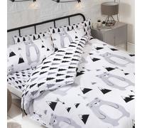 Scandi Orso Foresta Doppio Copripiumino Set da Letto Policotone Bianco Grigio
