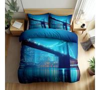 Set Copripiumino Edifici Cittadini Scena Notturna Riva Al Lago Reversibile 3 Pezzi, Blu Acqua Morbida e Traspirante Biancheria da Letto, Perfetto per Tutte le Stagioni Copripiumino 200 x 200 cm