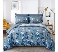 Set copripiumino floreale blu per letto queen size, 7 pezzi, blu navy, motivo botanico con foglie sfumate, ultra morbida, in microfibra, leggero, reversibile, stile bohémien, per tutte le stagioni