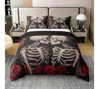 Set copripiumino in 100% cotone naturale con teschio gotico e scheletro per Halloween, set di biancheria da letto romantico con rose floreali, decorazione per la stanza, piumino non incluso