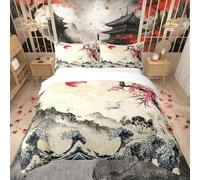 Set copripiumino in cotone 100% cotone con motivo floreale di sakura, stile giapponese, set copripiumino tradizionale retrò con rami di fiori botanici, bianco e rosa, per letto singolo